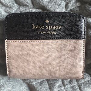 NWT Kate Spade Staci Small Zip Around Leather Wallet Warm Beige Black WLR00636